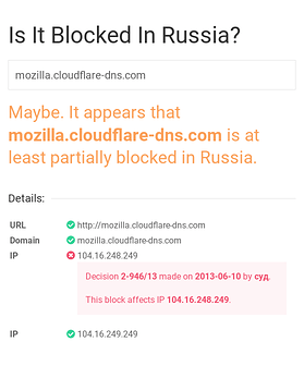 screenshot of https://isitblockedinrussia.com/?host=mozilla.cloudflare-dns.com